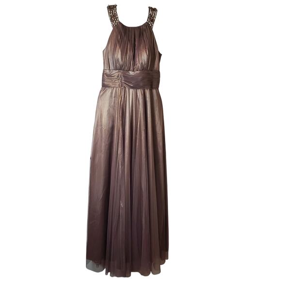 Cachet Sz 6 Beaded Halter Neck Maxi Dress Bronze Metallic Pleated Formal Gown - Picture 2 of 9